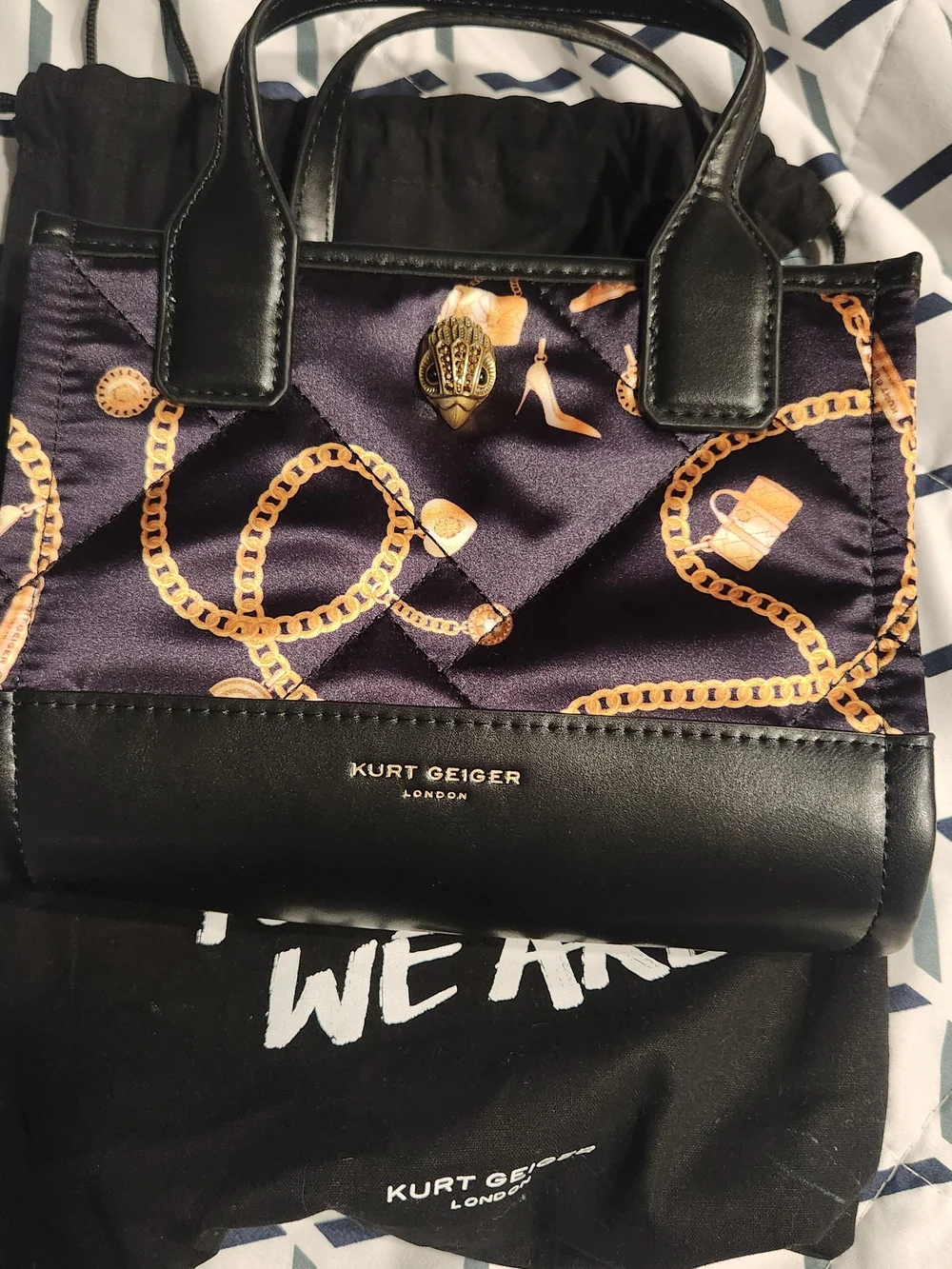 Kurt Geiger Black Satin Chain-Print Top-Handle Bag NEW No Tags